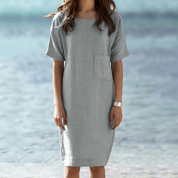 Cotton and linen solid color dress Grey / 3XL