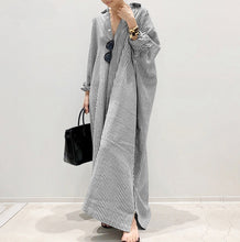 Load image into Gallery viewer, Cotton And Linen Striped Cardigan Irregular Dress
