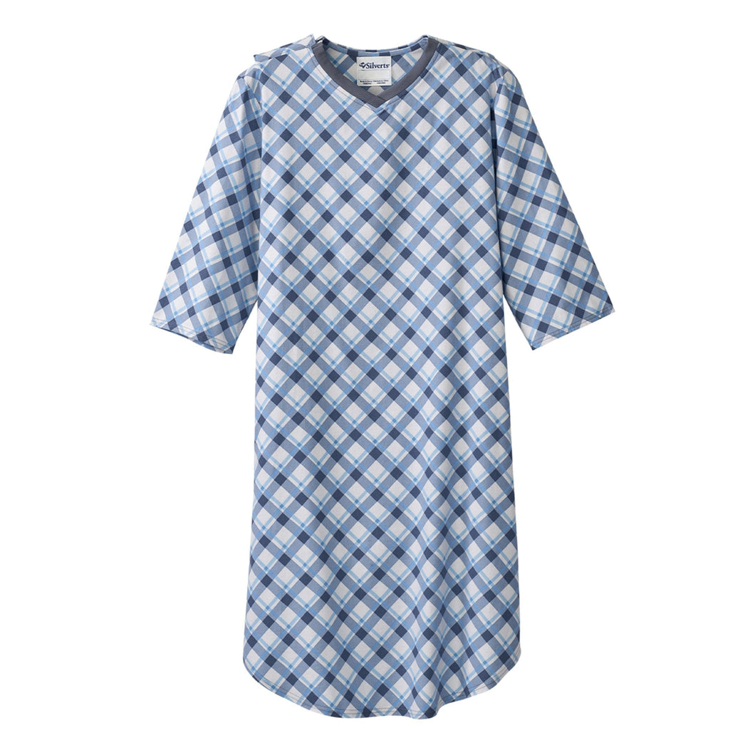 Silverts® Men's Shoulder Snap Patient Exam Gown, Diagonal Blue Plaid