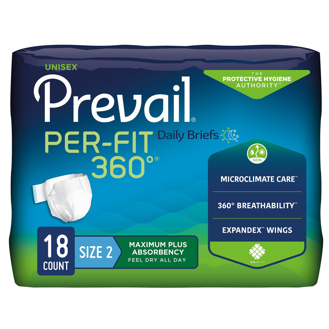 Unisex Adult Incontinence Brief Prevail® Per-Fit 360°™ Size 2 Disposable Heavy Absorbency -- QTY: PK/18