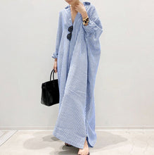 Load image into Gallery viewer, Cotton And Linen Striped Cardigan Irregular Dress
