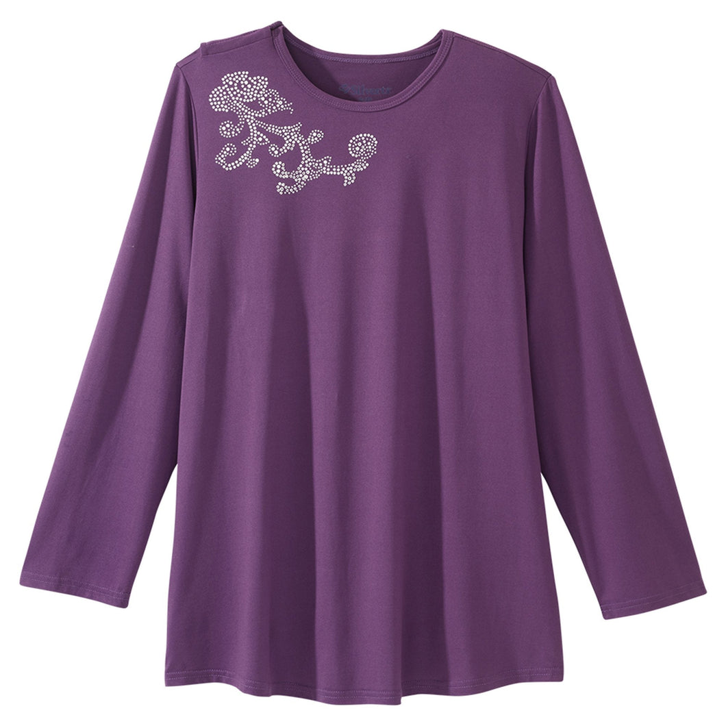 Silverts® Women's Open Back Embellished Long Sleeve Top, Eggplant