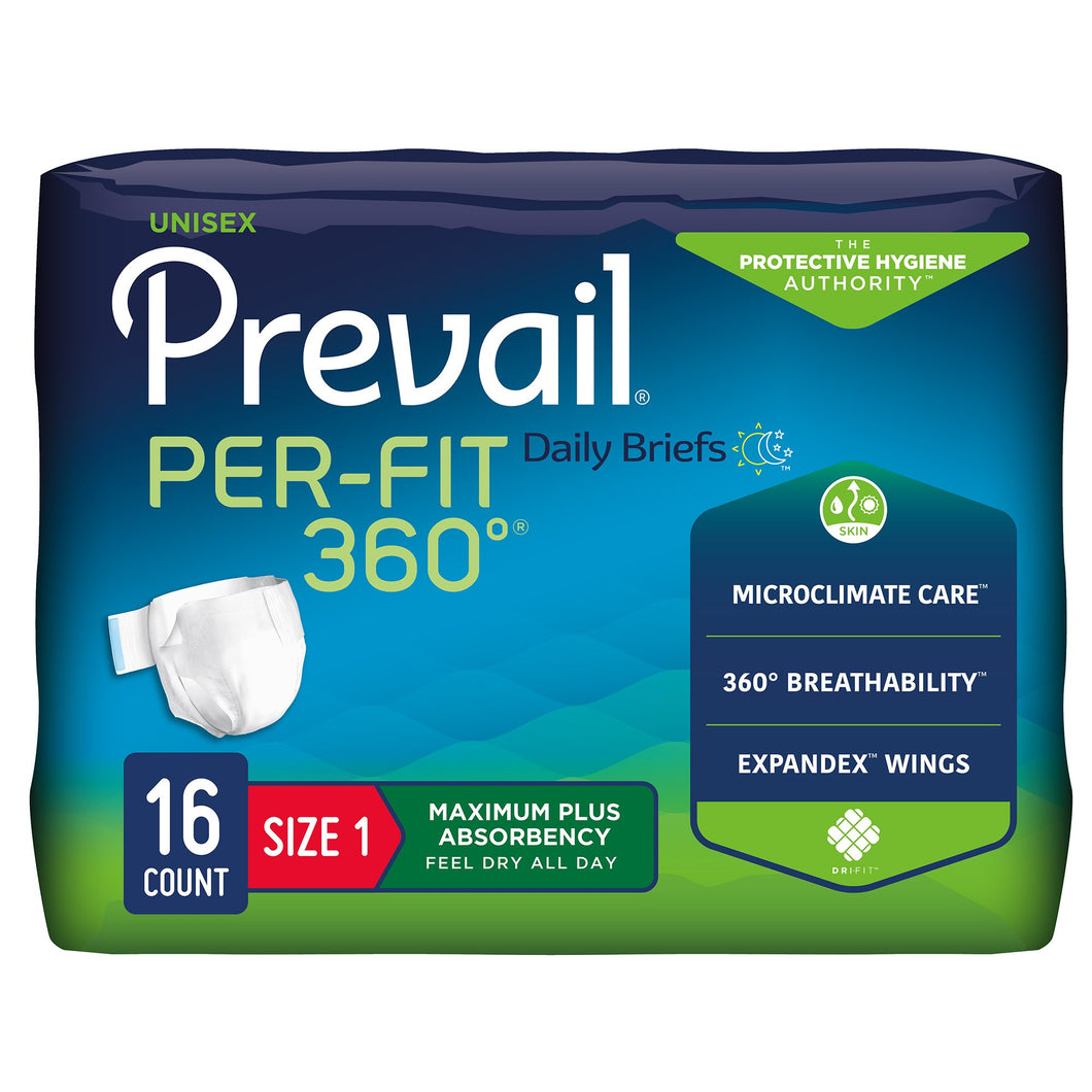 Unisex Adult Incontinence Brief Prevail® Per-Fit 360°™ Size 1 Disposable Heavy Absorbency -- QTY: PK/16