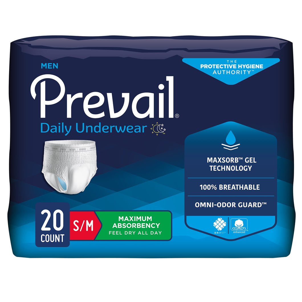 Prevail® Men's Daily Maximum Absorbent Underwear, Small / Medium -- QTY: BG/20