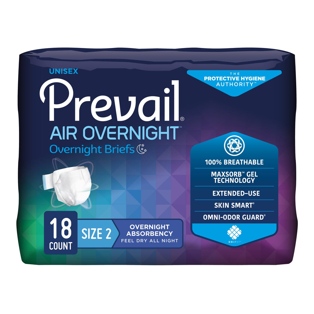 Prevail AIR Overnight Briefs, Heavy Absorbency, Unisex Adult, Disposable, Size 2, 45 to 62 Inch, Large, Orange, 18/Bag 4 Bags/Case -- QTY: BG/18