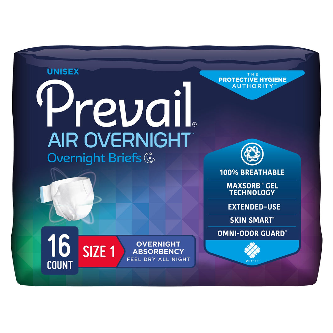 Prevail AIR Overnight Briefs, Heavy Absorbency, Unisex Adult, Disposable, Yellow, Size 1, 26 Inch- 48 Inch, Medium -- QTY: CS/96