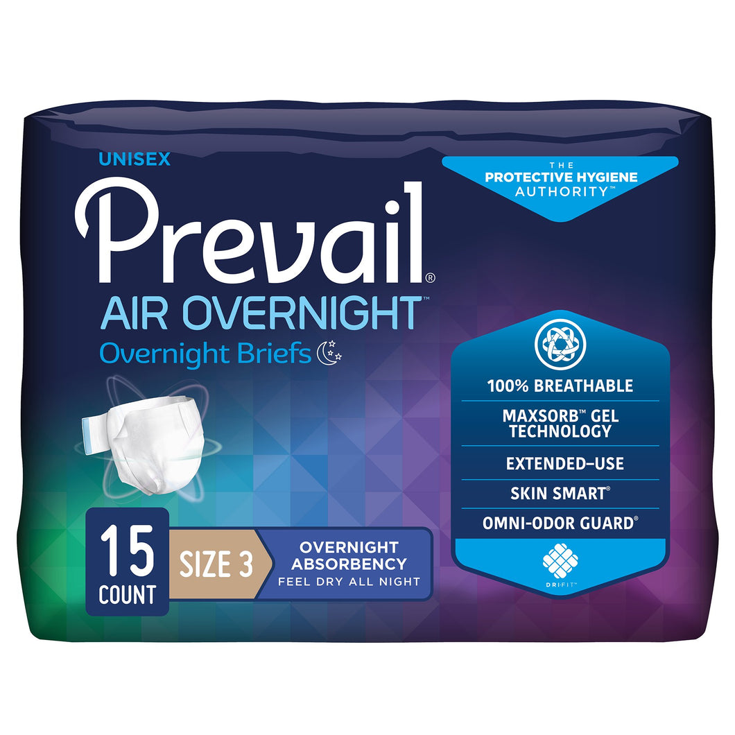 Prevail AIR Overnight Briefs, Heavy Absorbency, Unisex Adult, Disposable, Size 3, 58 to 70 Inch, Grey, 15/Bag, 4 Bags/Case -- QTY: BG/15